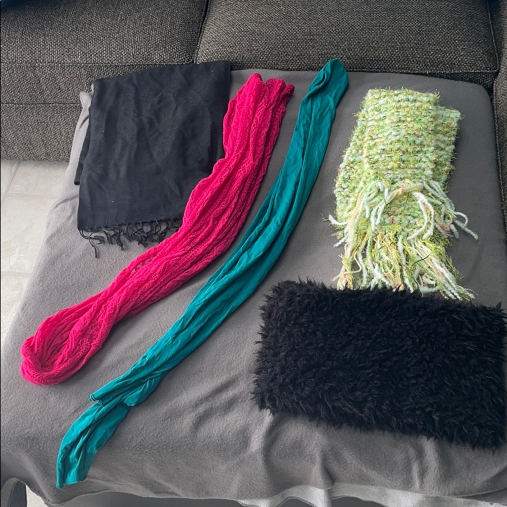 Lot of Scarves, black, pink, teal, green.